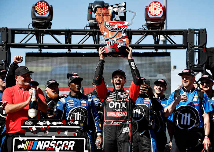 Daniel Suarez celebrates in victory lane after winning the 2022 Toyota/Save Mart 350 at Sonoma Raceway. (Photo by Chris Graythen/Getty Images)